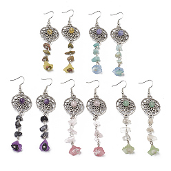 Mixed Stone Natural Mixed Gemstone Chip Beads Dangle Earrings, with Alloy and Iron Findings, Flat Round with Spider Web, Lovely Wedding Dress Angel Dangle, 95mm, Pin: 0.5mm, Pendants: 76x23x9mm