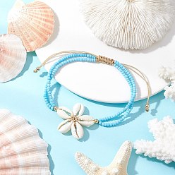 Темно-Голубой Регулируемые браслеты на щиколотку из натуральных ракушек каури с бусинами, летние пляжные браслеты на ногу из стеклянных бусинок 2-нить для женщин, глубокое синее небо, внутренний диаметр: 2-3/4~ 4 дюйм (71.5~100 мм)