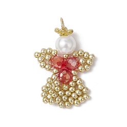 Красный Подвески-ангелы из стеклянных бисеров, с круглой стеклянной жемчужиной и 304 соединительными кольцами из нержавеющей стали, красные, 29x18.5x6 мм, отверстие : 3 мм