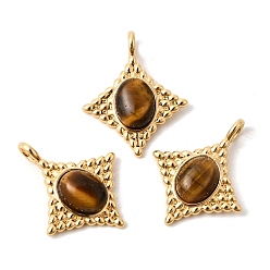 Настоящее золото 18K Природных тигровый глаз подвески, Подвески в форме ромба с латунными оправами, реальный 18 k позолоченный, 23.5x19~19.5x5 мм, отверстие : 3 мм