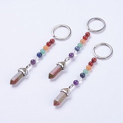 Mixed Material Natural/Synthetic Gemstone Chakra Pointed Keychain, with Mixed Stone and Platinum Plated Brass Key Findings, Bullet, 108~112mm, Ring: 24x2mm, Bead: 6~7mm, Pendant: 35~39x13x9mm