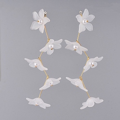 White Frosted Acrylic Dangle Earrings, with Plastic Imitation Pearl Beads, Cubic Zirconia, Real 18K Gold Plated Brass Stud Earring Findings and Plastic Ear Nuts, Flower, White, 107mm, Pin: 0.7mm