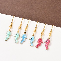 Sea Horse Серия «Океан» 304 серьги-подвески из нержавеющей стали с эмалью, реальный 18 k позолоченный, морской конек, 32x6.5 мм, 3 пар / набор