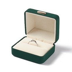 Dark Green PU Leather Ring Gift Boxes, with Iron Crown, Cuboid, Dark Green, 5.45x6.25x3.7cm