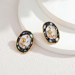 Oval 304 серьги-гвоздики из нержавеющей стали для женщин, цветок, с эмалью, золотые, овальные, 29x20 мм