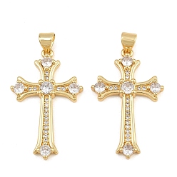 Golden Brass Micro Pave Clear Cubic Zirconia Pendants, Cross Charms, Cadmium Free & Lead Free, Golden, 32x20x4mm, Hole: 4.5X3mm