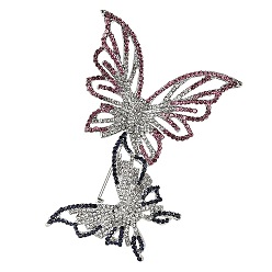 Бургундия Двойная бабочка платиновый сплав броши со стразами для рюкзака одежды, Бургундия, 65x47 мм