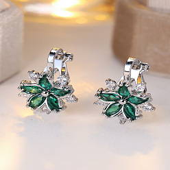Bleu Vert Boucles d'oreilles à pince en laiton avec micro pavé de zircons cubiques, flocon de neige, platine, sarcelle, 17.5x12mm