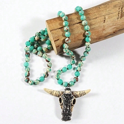 Имперская яшма Ожерелья из круглых бусин в стиле бохо с подвеской в виде головы коровы из смолы и страз, окрашенной в натуральный цвет императорской яшмы для женщин, бирюзового цвета, 33.86~34.65 дюйм (86~88 см)