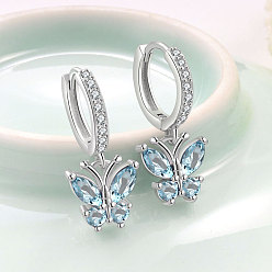 Светло-Голубой Латунные серьги обруча, бабочка, с кубического циркония, платина, Небесно-голубой, 20 мм