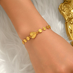 Golden Brass Heart Link Bracelets, Flat Sequin Chain Bracelets for Women, Golden, 9.06 inch(23cm)