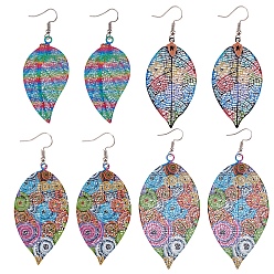 Colorful 4 Pairs 4 Style Spray Painted Stainless Steel Holllow Leaf Dangle Earrings, with Iron Earring Pins, Mixed Color, 67~95mm, Pin: 0.7mm