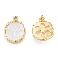 Creamy White Natural Freshwater Shell Pendants, with Brass Pave Clear Cubic Zirconia Findings, Real 18K Gold Plated, Nickel Free, Oval Charm with Dragonfly, Creamy White, 20x15x5.5mm, Hole: 1.8mm