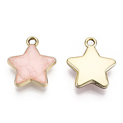 Pink Alloy Enamel Pendants, with Glitter Powder, Cadmium Free & Nickel Free & Lead Free, Star Charm, Light Gold, Pink, 17.5x15x3mm, Hole: 1.8mm