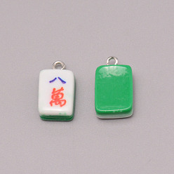Farbig Harzanhänger, mit Eisen-Befund, Nachahmung von Mahjong-Fliesen, grün, Rechteck, Farbig, 19.5~20.5x11.5x7~7.5 mm, Bohrung: 2 mm