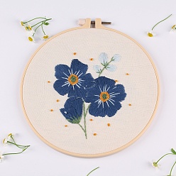 Marine Blue DIY Flower Pattern Embroidery Painting Kits, Including Printed Cotton Fabric, Embroidery Thread & Needles, Round Embroidery Hoop, Marine Blue, 200mm