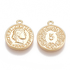 Real 18K Gold Plated Brass Coin Charms, Flat Round, Nickel Free, Real 18K Gold Plated, 14x12x2mm, Hole: 1mm