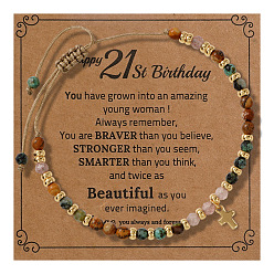 Смешанные камни Браслеты с подвесками в виде латунных крестиков на день рождения, Регулируемые браслеты из натуральных круглых бусин с драгоценными камнями для мужчин, золотые, с открытки, 11.02 дюйм (28 см)