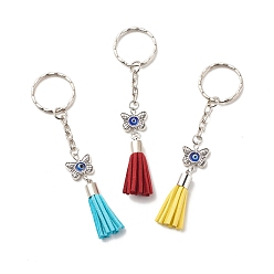 Evil Eye Брелок с кисточкой из искусственной замши и подвеской из сплава в тибетском стиле, с лэмпворком от сглаза ручной работы и железными кольцами для ключей, бабочки, 10.4 см