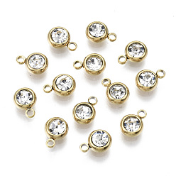 Mixed Color Vacuum Plating 201 Stainless Steel Rhinestone Charms, Birthstone Charms, Flat Round, Real 18K Gold Plated, Mixed Color, 8.5x6x3mm, Hole: 1.5mm