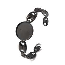 Black 304 Stainless Steel Coffee Bean Chain Cuff Bracelet Blanks with Flat Round Bezel Settings, Ion Plating(IP), Long-Lasting Plated, Black, Tray: 20mm, Inner Diameter: 1.85x2.36 inch(4.7x6cm)
