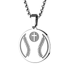 Baseball 304 Collares con colgante de pelota deportiva en cruz de acero inoxidable, color acero inoxidable, béisbol, 23.62 pulgada (60 cm)