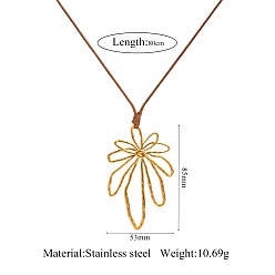 Fleur 304 Colliers longs pour femmes avec pendentif plante ajouré en acier inoxydable, réel 18 k plaqué or, fleur, 31.50 pouce (80 cm), pendentif: 85x53 mm