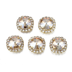 Gold Quartz Sew on Rhinestone, Transparent Glass Rhinestone, with Brass Prong Settings, Faceted, Square, Gold Quartz, 17x17x8mm, Hole: 1mm