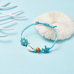 Turquoise Adjustable Waxed Cotton Cord Braided Bracelets, with Cowrie Shell Beads, Wood Beads, Synthetic Turquoise(Dyed) Beads, Starfish/Sea Stars and Tortoise, Turquoise(Dyed), 3/4 inch(1.8cm)~2-3/4 inch(7cm)