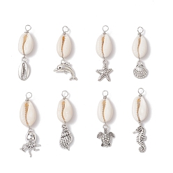 Античное Серебро 8 шт. 8 стили подвески из натуральной ракушки каури и сплава в виде морских животных, морские подвески с петлями из медной проволоки, античное серебро, 37~45x11~18x7 мм, отверстие : 2.5 мм, 1 шт / стиль