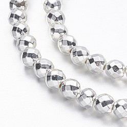 Silver Plated Electroplate Non-magnetic Synthetic Hematite Beads Strands, Faceted(64 Facets), Round, Silver Plated, 4mm, Hole: 1mm, about 98pcs/strand, 15.7 inch
