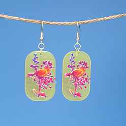 Шампанско-Желтый Акриловые серьги-подвески в форме прямоугольника с рисунком птиц., золотые, шампанское желтый, 39.5x24.5 мм