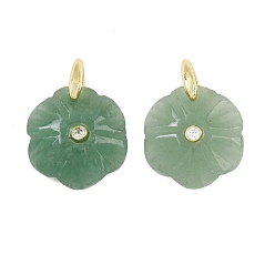Green Aventurine Natural Green Aventurine Pendants, Flower Charms with Brass Micro Pave Cubic Zirconia Findings, Golden, 16.5~17x15~16x4.5~5.5mm, Hole: 4.4x4mm