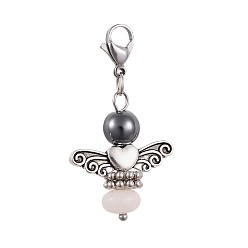Non-magnetic Hematite Non-Magnetic Synthetic Hematite Pendants, Natural Pink Aventurine, with 304 Stainless Steel Lobster Claw Clasps, Iron Finding and Alloy Finding, Wing, Antique Silver & Platinum, 43mm