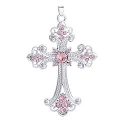 Платина Сплав горный хрусталь большие кулоны, крестик, светло-розовый, платина, 75x50x7 мм, отверстие : 7x5 мм