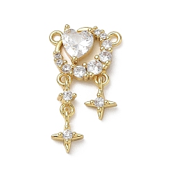 Golden Brass  Micro Pave Clear Cubic Zirconia Chandelier Component Links, Heart with Star & Tassel, Golden, 25x14x4.5mm, Hole: 1.2mm