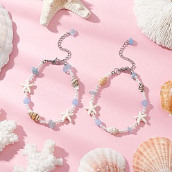 Платина Круглые браслеты из ракушек и жемчуга для женщин, раковина и морская звезда, с бусинами из синтетической бирюзы, белого нефрита, морских ракушек и окрашенного аквамарина, платина, 7-3/8 дюйм (18.6 см)