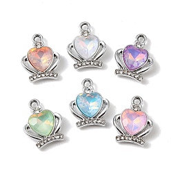 Platino Colgantes de vidrio de aleación de chapado uv, dije de cuervo en forma de corazón con diamantes de imitación, facetados, color mezclado, Platino, 17x13.5x4.5 mm, agujero: 1.8 mm