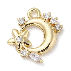 Real 18K Gold Plated Brass with Cubic Zirconia Charms, Moon with Star, Real 18K Gold Plated, 11x12x2mm, Hole: 1.2mm