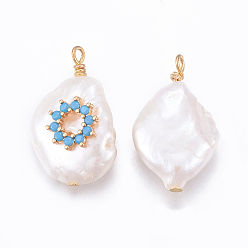 Темно-Голубой Подвески из натурального пресноводного жемчуга, с латунной кубической фурнитурой, самородки с цветком, золотые, глубокое синее небо, 17~26x11~16x5~11 мм, отверстие : 1.6~2 мм