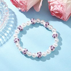 Сливовый АБС-пластик имитация жемчуга круглые бусины эластичные браслеты для женщин, с фарфоровыми керамическими бусинами ручной работы с цветочным принтом, слива, внутренний диаметр: 2 дюйм (5.15 см)