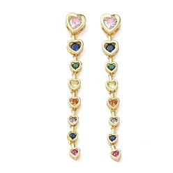 Colorful Brass Micro Pave Cubic Zirconia Big Pendants, Heart Charms, Cadmium Free & Lead Free, Golden, Colorful, 65x9x5mm, Hole: 4x3mm