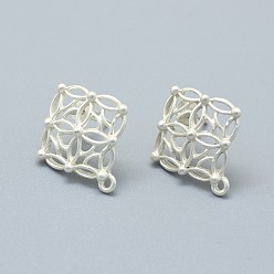 Matte Silver Color Alloy Stud Earring Findings, with Loop, Brass Pins and Ear Nuts/Earring Backs, Long-Lasting Plated, Rhombus, Matte Silver, 21.5x19mm, Hole: 1.4mm, Pin: 0.7mm