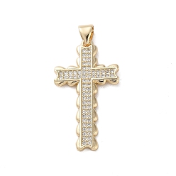 Настоящее золото 18K Подвески из латуни с микро-микро-паве и прозрачным кубическим цирконием, без кадмия, без никеля и без свинца, крестик, реальный 18 k позолоченный, 31.5x17.5x1.8 мм, отверстие : 5x3.5 мм
