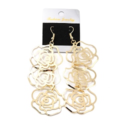 Golden Layered Hollow Rose Dangle Earrings for Girl Women, Iron Big Dangling Earrings, Golden, 96mm, Pin: 0.8mm
