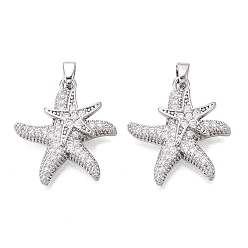 Platino Latón micro pavimenta claro colgantes de circonio cúbico, dijes de estrella de mar doble, Platino, 22.5x20.5x5.5 mm, agujero: 3x4.5 mm