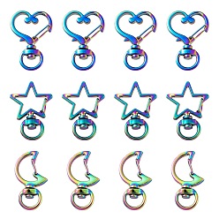 Rainbow Color 30Pcs 3 Style Alloy Swivel Lobster Clasps, Swivel Snap Hook, Heart & Star & Moon, Rainbow Color, 34x18~24x5mm, Hole: 4mm, 10pcs/style