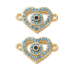 Plaqué 18K Or Véritable Breloques connecteurs en laiton micro-pavé turquoise synthétique, cœur avec liens vers le mauvais œil, avec zircons, sans cadmium et sans plomb et sans nickel, plaqué longue durée, réel 18 k plaqué or, 10.5x15.5x3mm, Trou: 1.2mm