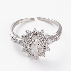 Платина Латунные кольца из манжеты с прозрачным цирконием, открытые кольца, долговечный, овальные с рисунками " virgin mary", платина, размер США 6 (16.5 мм)