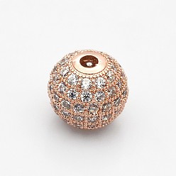Розовое Золото CZ латунные микро проложить класса AAA ясно цвета кубического циркония круглых бусин, без кадмия, без никеля и без свинца, розовое золото , 12 мм, отверстие : 2 мм